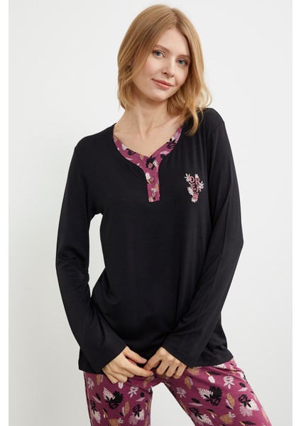 Açık Yaka Desenli Pijama Takım - Siyah fırsatları