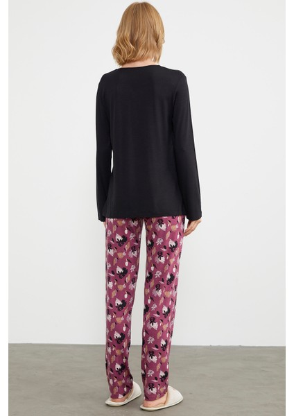Açık Yaka Desenli Pijama Takım - Siyah indirimleri