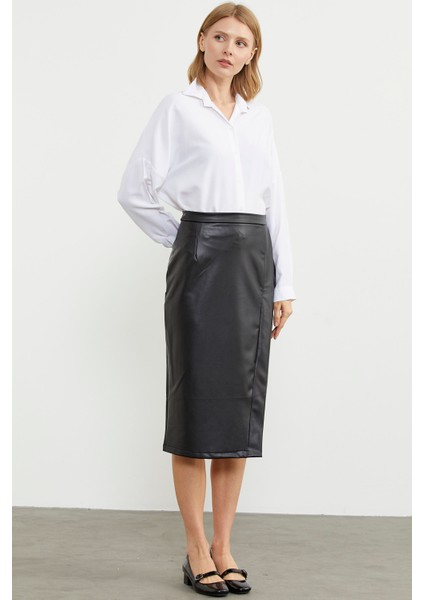 Suni Deri Önden Yırtmaçlı Etek - Siyah fiyatları