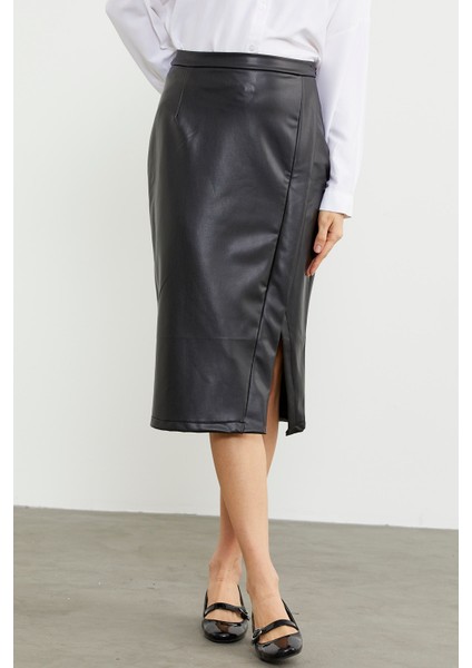 Suni Deri Önden Yırtmaçlı Etek - Siyah modelleri