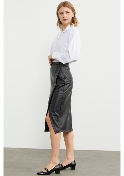 Suni Deri Önden Yırtmaçlı Etek - Siyah fırsatları