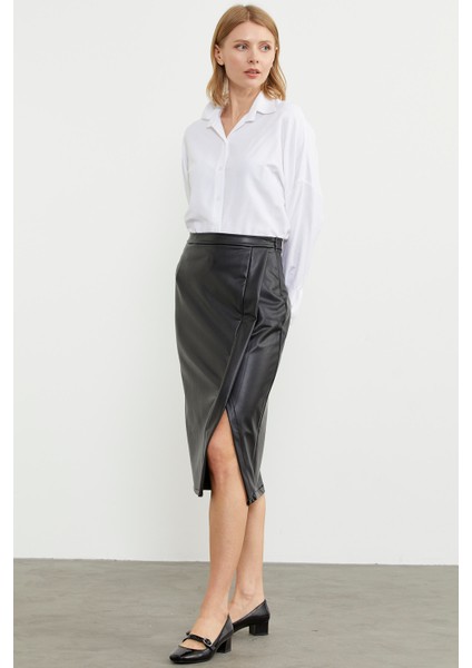 Suni Deri Önden Yırtmaçlı Etek - Siyah indirimleri