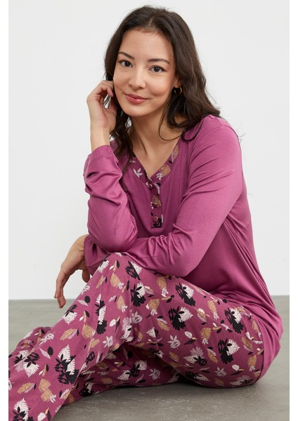 Açık Yaka Desenli Pijama Takım - Mor