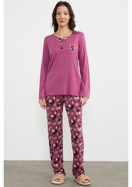 Açık Yaka Desenli Pijama Takım - Mor fiyatları