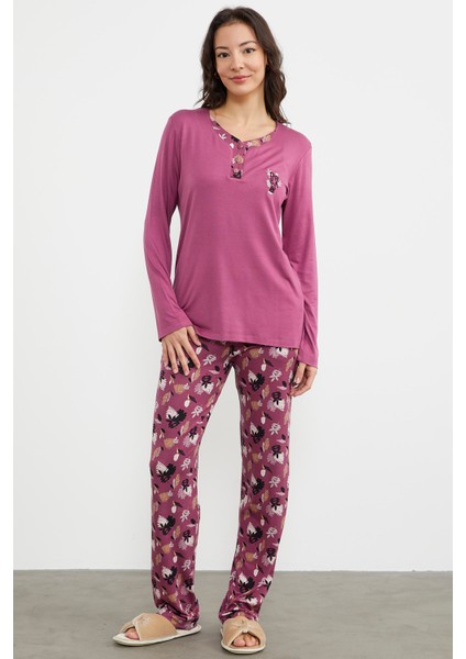 Açık Yaka Desenli Pijama Takım - Mor modelleri