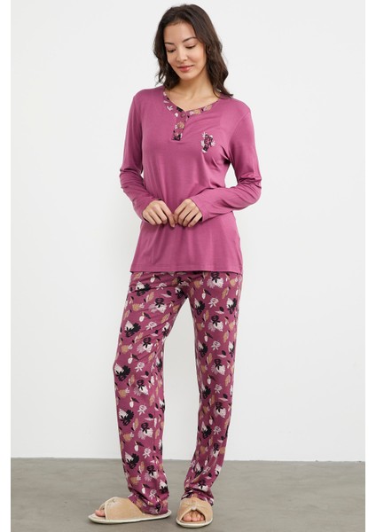 Açık Yaka Desenli Pijama Takım - Mor fırsatları