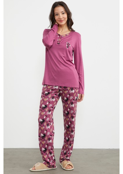 Açık Yaka Desenli Pijama Takım - Mor indirimleri