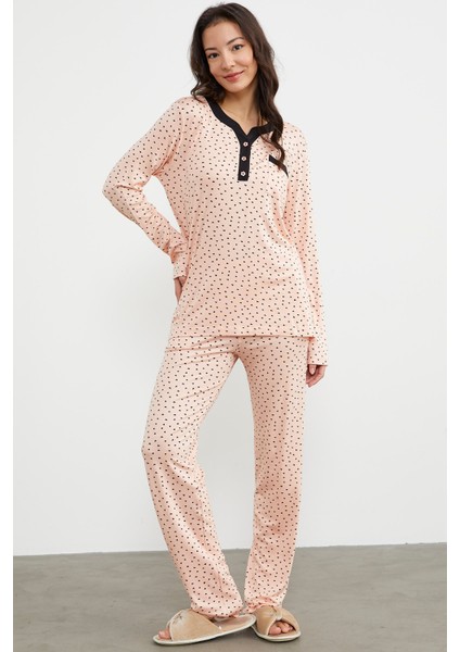 Kalp Desenli Uzun Kol Pijama Takım - Somon modelleri