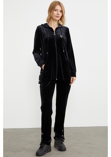 Tam Fermuarlı Tunik Boy Kadife Eşofman Takım - Siyah