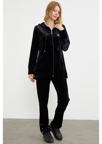 Tam Fermuarlı Tunik Boy Kadife Eşofman Takım - Siyah fiyatları
