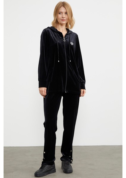 Tam Fermuarlı Tunik Boy Kadife Eşofman Takım - Siyah fırsatları