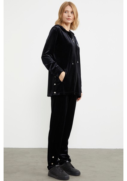 Tam Fermuarlı Tunik Boy Kadife Eşofman Takım - Siyah indirimleri