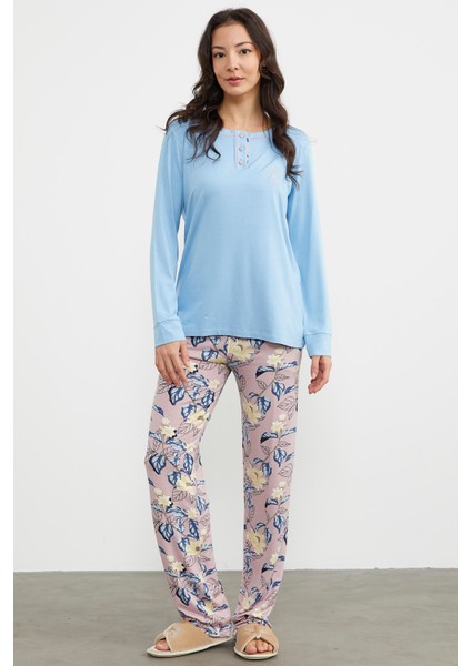 Düz Desenli Kombinli Pijama Takım - Mavi
