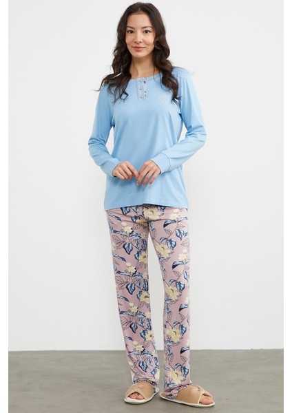 Düz Desenli Kombinli Pijama Takım - Mavi
