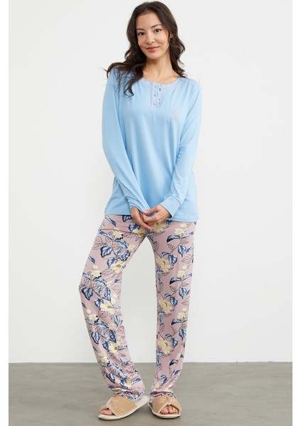 Düz Desenli Kombinli Pijama Takım - Mavi