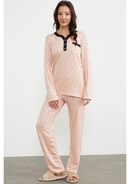 Kalp Desenli Uzun Kol Pijama Takım - Somon