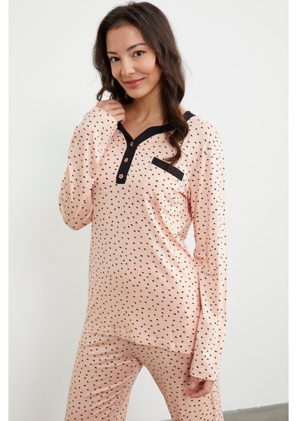 Kalp Desenli Uzun Kol Pijama Takım - Somon