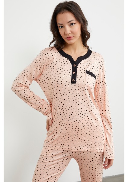 Kalp Desenli Uzun Kol Pijama Takım - Somon
