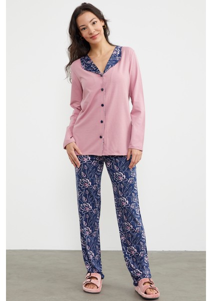 Açık Yaka Düğmeli Pijama Takım - Pembe modelleri