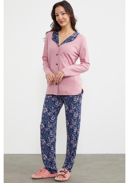 Açık Yaka Düğmeli Pijama Takım - Pembe fırsatları