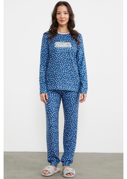 Çiçek Desen Renkli Pijama Takım - Lacivert