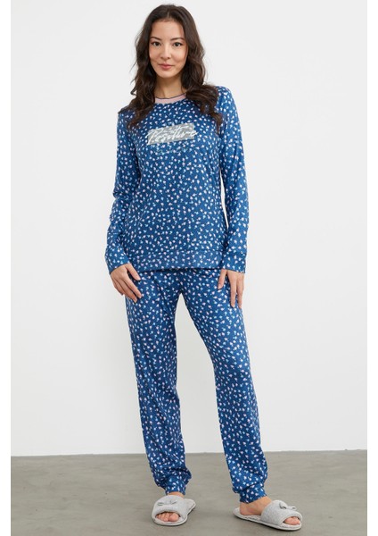 Çiçek Desen Renkli Pijama Takım - Lacivert modelleri