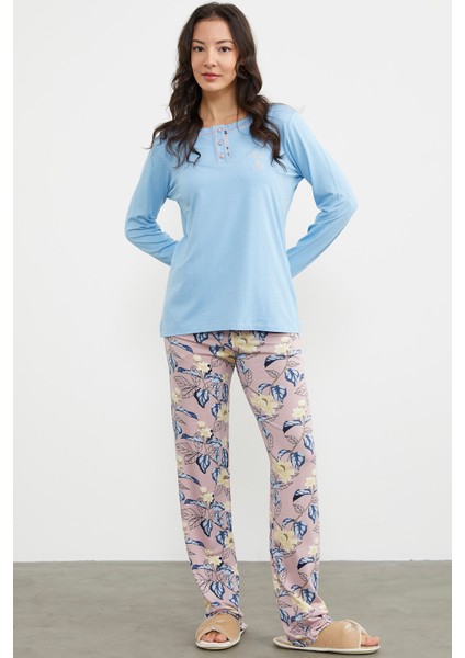 Düz Desenli Kombinli Pijama Takım - Mavi modelleri