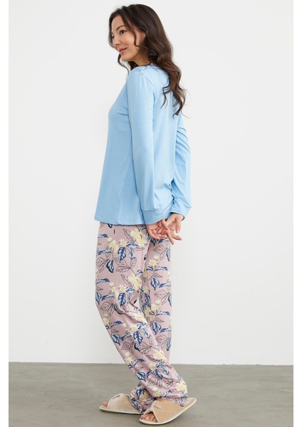 Düz Desenli Kombinli Pijama Takım - Mavi indirimleri
