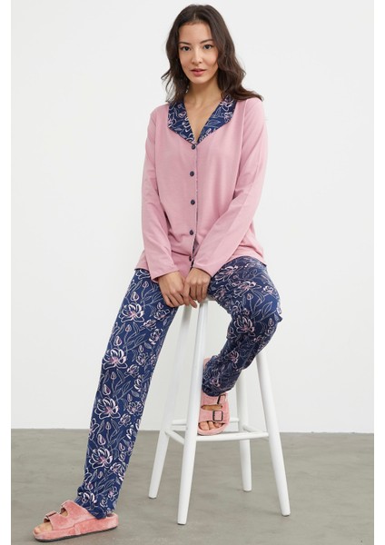 Açık Yaka Düğmeli Pijama Takım - Pembe
