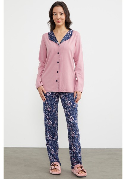 Açık Yaka Düğmeli Pijama Takım - Pembe fiyatları