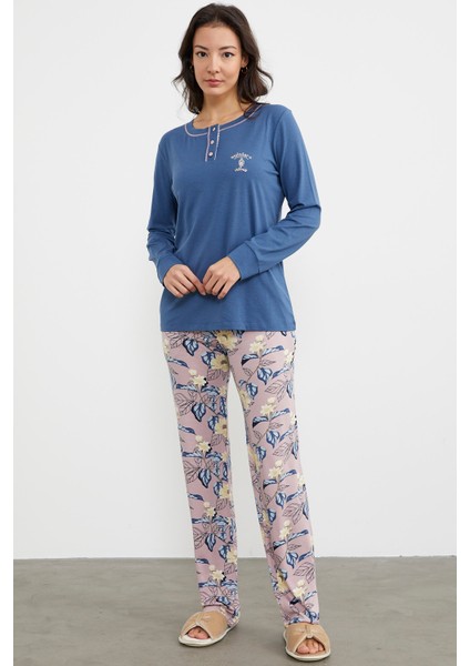 Düz Desenli Kombinli Pijama Takım - Indigo fiyatları