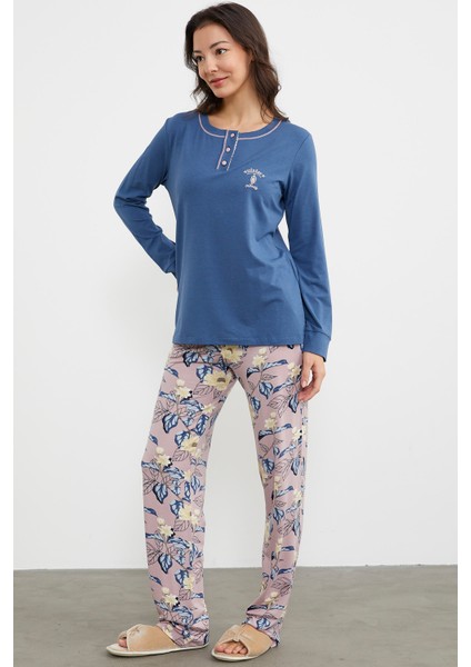 Düz Desenli Kombinli Pijama Takım - Indigo fırsatları