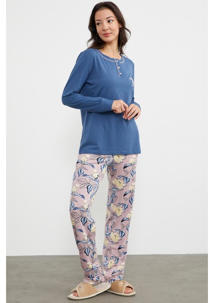 Düz Desenli Kombinli Pijama Takım - Indigo indirimleri