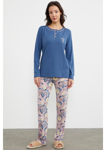 Düz Desenli Kombinli Pijama Takım - Indigo