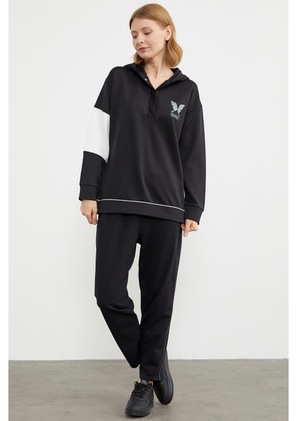Kelebek Baskılı Oversize Scuba Eşofman Takım - Siyah
