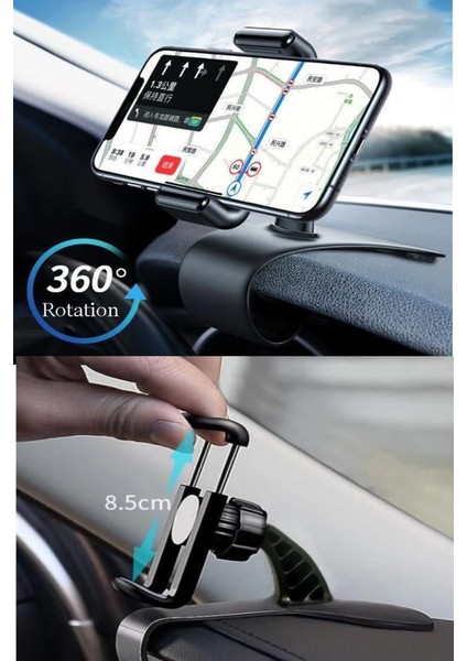 Araç Içi Telefon Tutucu Gösterge Üzerine Takılan Kıskaçlı 360 Derece Dönen Telefon Tutucu