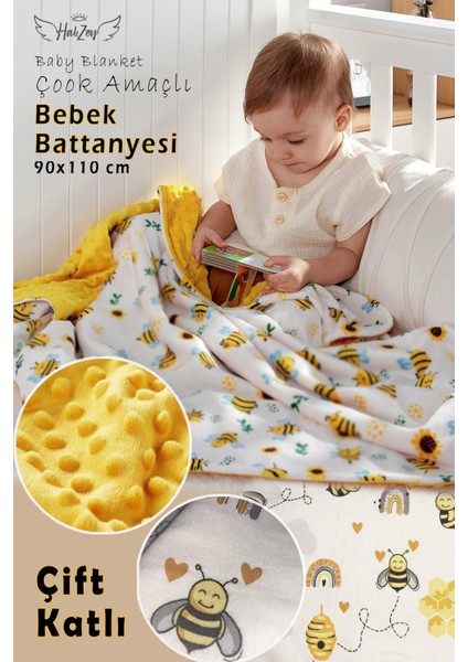 Bebek Battaniyesi Arı Desenli 90X100 cm %100 Pamuklu Çift Katlı Tomurcuk ve Pazen Kumaş Bebek Örtüsü