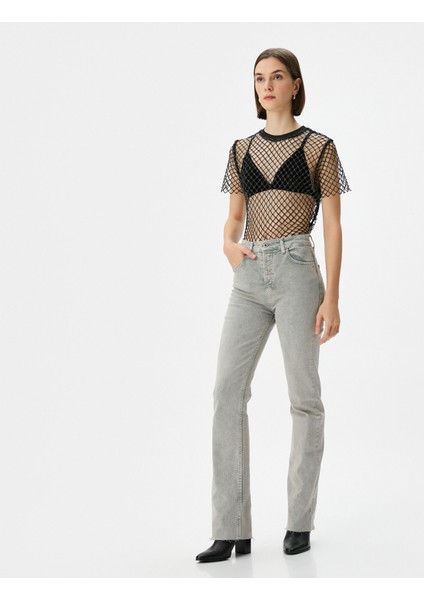 Eskitilmiş Hafif Ispanyol Paça Kot Pantolon Dar Kesim Standart Bel Pamuklu Cepli - Victoria Slim Jeans fiyatları