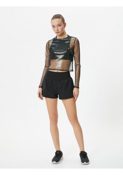 Parlak Tül Crop Tişört Spor Uzun Kollu Bisiklet Yaka fiyatları