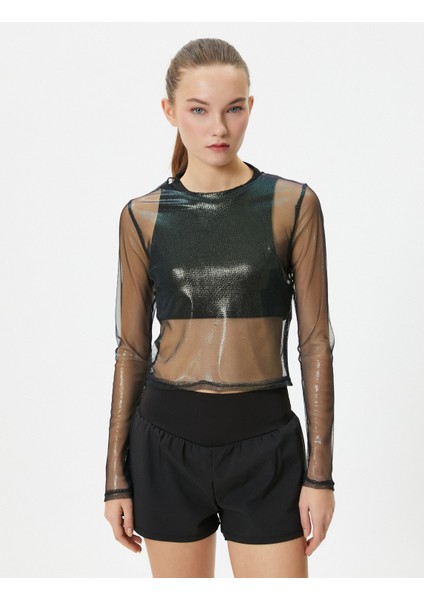 Parlak Tül Crop Tişört Spor Uzun Kollu Bisiklet Yaka modelleri