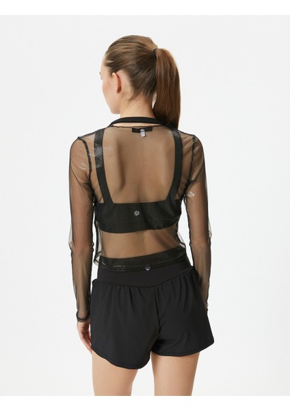 Parlak Tül Crop Tişört Spor Uzun Kollu Bisiklet Yaka fırsatları