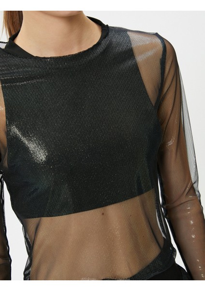 Parlak Tül Crop Tişört Spor Uzun Kollu Bisiklet Yaka indirimleri