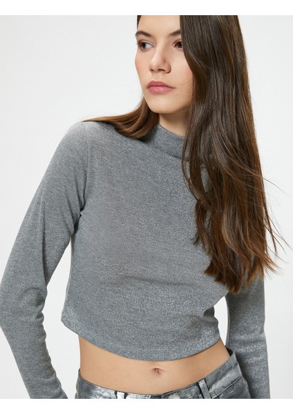 Parıltılı Metalik Balıkçı Yaka Tişört Dar Kalıp Uzun Kollu