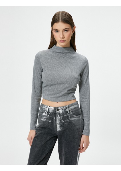 Parıltılı Metalik Balıkçı Yaka Tişört Dar Kalıp Uzun Kollu modelleri