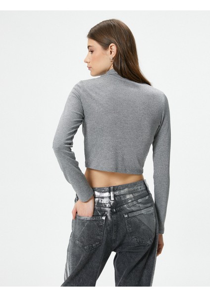 Parıltılı Metalik Balıkçı Yaka Tişört Dar Kalıp Uzun Kollu fırsatları