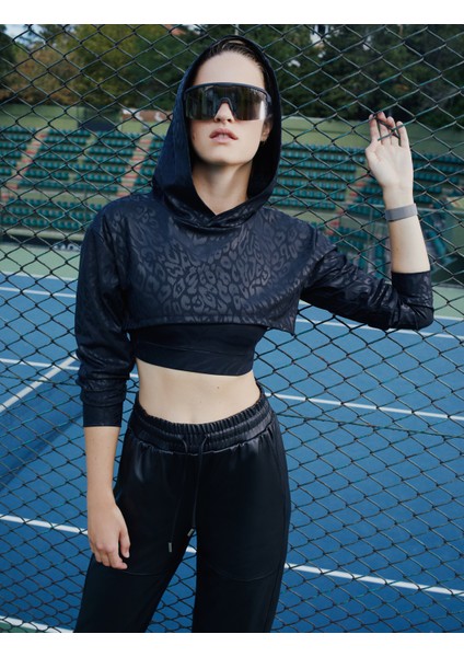 Kapşonlu Crop Spor Sweatshirt Zebra Desenli Uzun Kollu