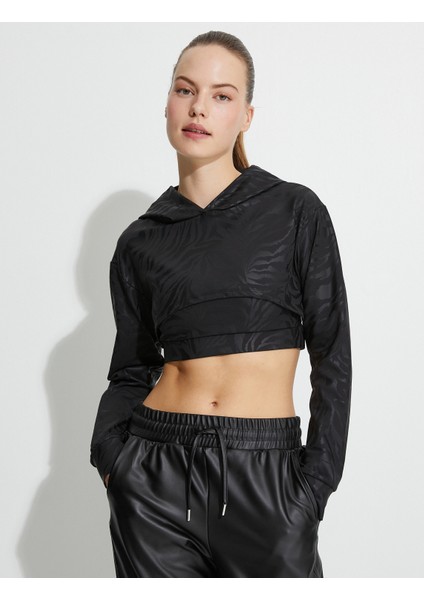 Kapşonlu Crop Spor Sweatshirt Zebra Desenli Uzun Kollu