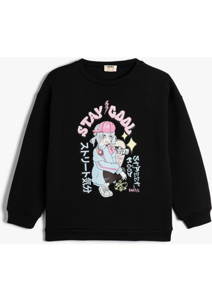 Anime Baskılı Sweatshirt Bisiklet Yaka Şardonlu