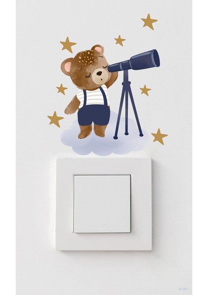 Sevimli Ayıcık ve Yıldızlar Temalı Çocuk Odası Priz Dolap Kapı Duvar Ayna Cam Için Sticker