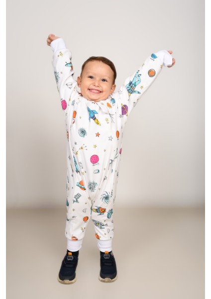 Voguevista Elyafsız Kışlık Uzun Kollu Çift Kat %100 Pamuk Pazen Uzaylı ve Gökkuşağı Desenli Cocuk Bebek Uyku Tulumu